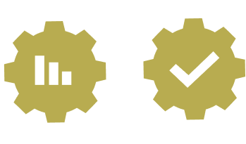 Two gear icons with a chart and checkmark, representing performance analytics, optimization