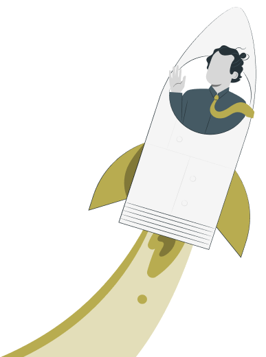Illustration of a rocket launching into space with a person visible inside the cockpit, symbolizing startup growth, innovation, and business acceleration.