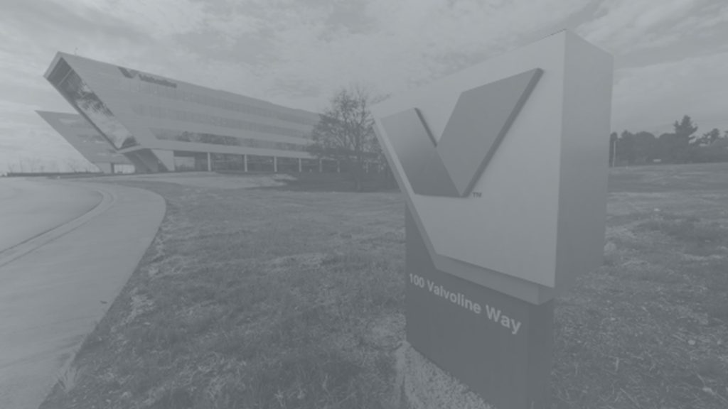Black-and-white photo of Valvoline's modern architectural building with an angular design