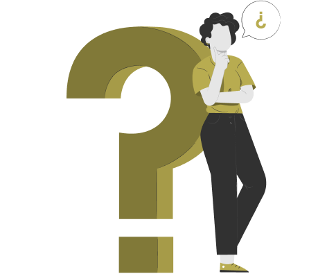 person standing beside a large question mark,