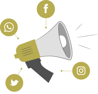 megaphone surrounded by social media icons - Facebook, whatsapp, Instagram, twitter.