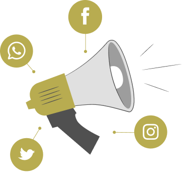 Illustration of a megaphone surrounded by social media icons, representing social media marketing, brand promotion, and digital communication across platforms.