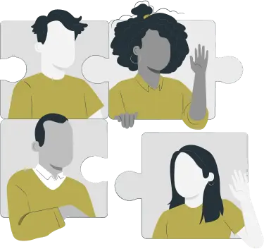 Diverse people connected like puzzle pieces, representing teamwork, collaboration focused on building unified, purpose-driven communities.