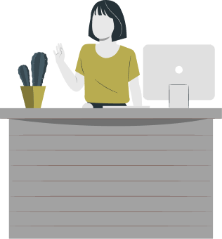 Illustration of a professional working at a desk with a computer and plant