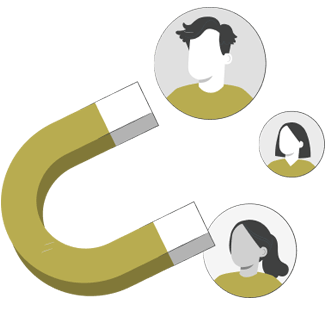 magnet attracting three user profile icons, representing customer attraction, lead generation, and audience targeting in digital marketing.